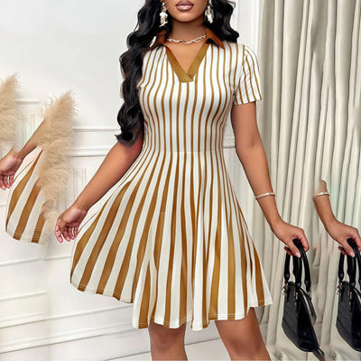 Women's Polo Dress Elegant Striped V Neck Short Sleeve A Line Dresses - Evans creations LLC