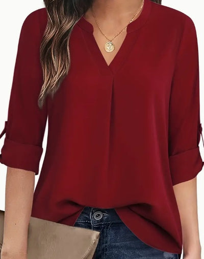 Chic Solid V-Neck Blouse - Fashionable Simplicity For Women - Relaxed Casual Long Sleeve Style - Evans creations LLC