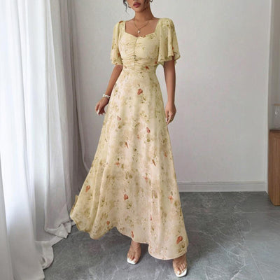Women's Solid Color Square Neck Short Sleeve Butterfly Print Flowy Dress A-Line Summer Vacation Maxi Dress - Evans creations LLC