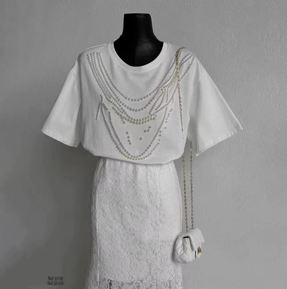 Heavy Industry Beads Pearl All-match Slimming And Fashionable Top - Evans creations LLC