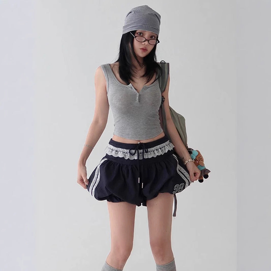Lace Edge Elastic Waistband Lace-up Loose Shorts For Women - Evans creations LLC