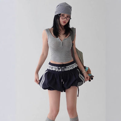 Lace Edge Elastic Waistband Lace-up Loose Shorts For Women - Evans creations LLC