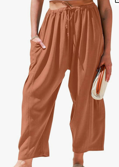 Stretched-waist Pleated High-waisted Wide-leg Loose Casual Cotton And Linen Long Pants - Evans creations LLC