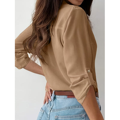 Womens Button Down Shirts V Neck Rolled Up Long Sleeve Tops Elegant Dressy Blouses Business Casual Outfits - Evans creations LLC
