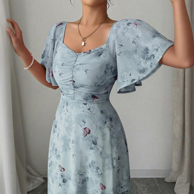 Women's Solid Color Square Neck Short Sleeve Butterfly Print Flowy Dress A-Line Summer Vacation Maxi Dress - Evans creations LLC