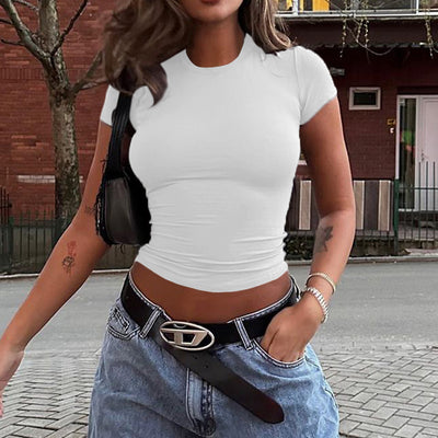Spring And Summer Solid Color Top Waist Trimming Short Slim Fit Midriff-baring T-shirt - Evans creations LLC