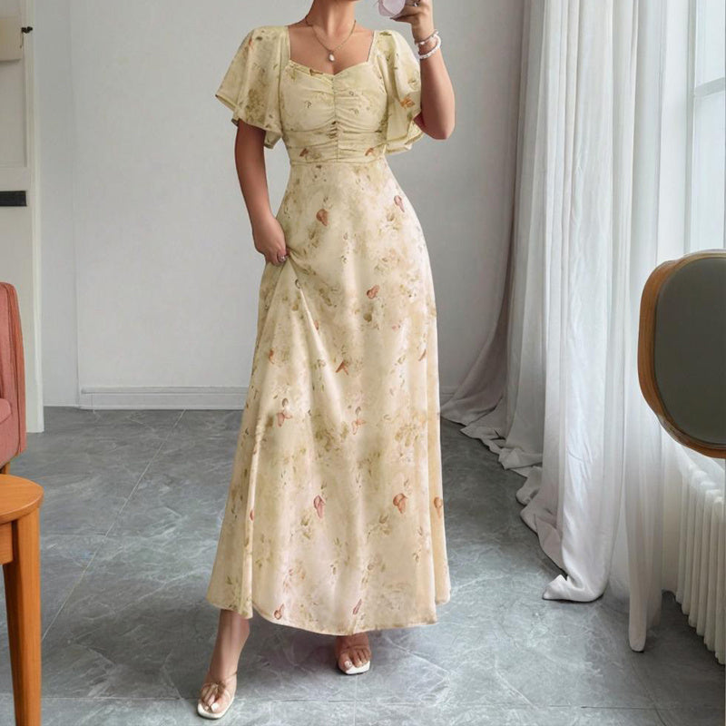 Women's Solid Color Square Neck Short Sleeve Butterfly Print Flowy Dress A-Line Summer Vacation Maxi Dress - Evans creations LLC