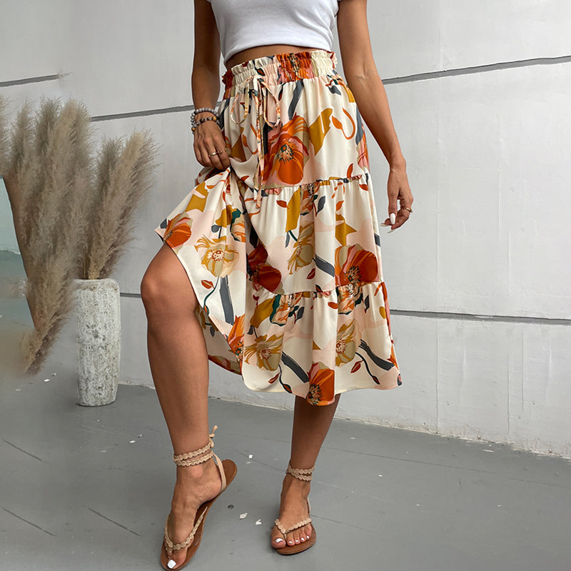 Women's Floral Tiered Midi Skirt Elastic Waist Dressy Casual A-line Flowy Boho Skirts - Evans creations LLC