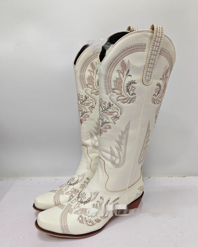 Embroidered Rhinestone Thick High Heel Side Zipper High-top Boots - Evans creations LLC