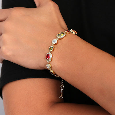 Vintage 18K Gold Plated Gemstone Hand Chain Multi Colored Gem Stone JEWELRY Cubic Zirconia Colorful CZ Bracelet For WOMEN MEN - Evans creations LLC