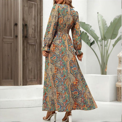 Women's V-Neck Retro Geometric Print Flounce Sleeve Dress - A-Line Maxi Dress With Smocked Waist For Spring&Summer - Evans creations LLC