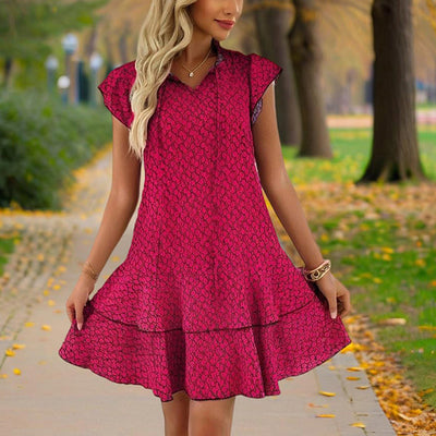 Women's Solid Color Print V-Neck Short Sleeve Dress - Summer Comfort Lace Trim Dress With Tie Detail - Evans creations LLC