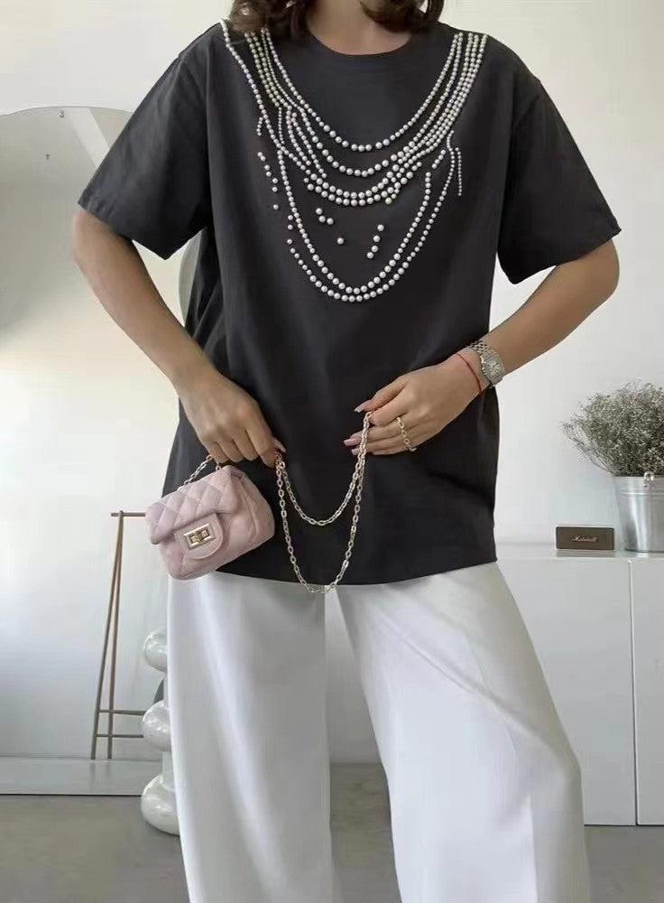 Heavy Industry Beads Pearl All-match Slimming And Fashionable Top - Evans creations LLC