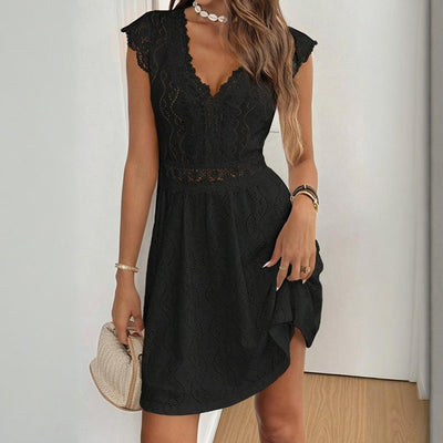 Women's V-Neck Solid Color Short Sleeve Dress With Lace Trim - Summer Sexy Vacation Dress - Evans creations LLC