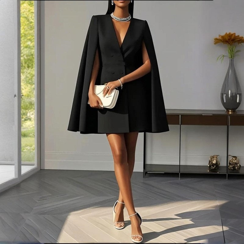 Women's Elegant Solid Color V Neck Double-Breasted Cape Blazer Dress Spring & Summer Party Banquet Outfit - Evans creations LLC
