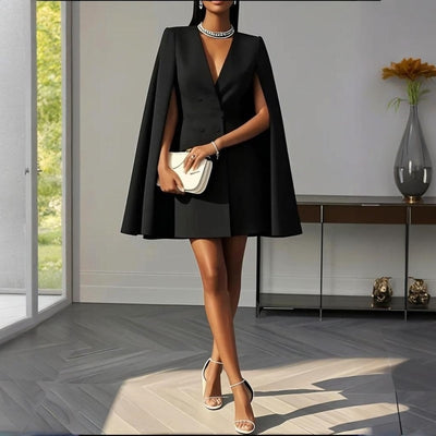 Women's Elegant Solid Color V Neck Double-Breasted Cape Blazer Dress Spring & Summer Party Banquet Outfit - Evans creations LLC