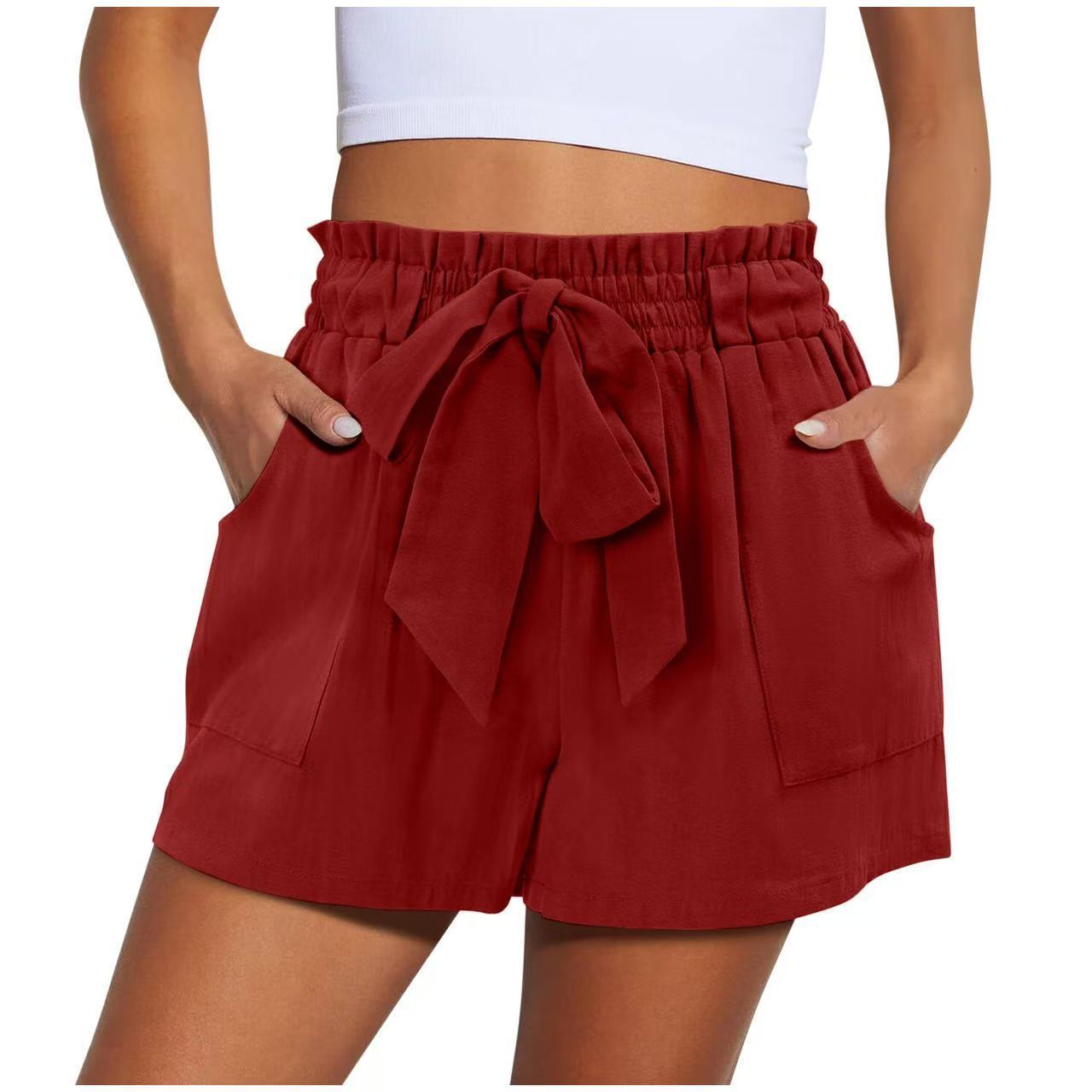 Summer New Elastic Waist Drawstring Knotted Short Solid Color Casual Women - Evans creations LLC