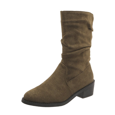 Large Size Thick Heel Pointed Toe Mid-calf Smoke Pipe Boots For Women - Evans creations LLC