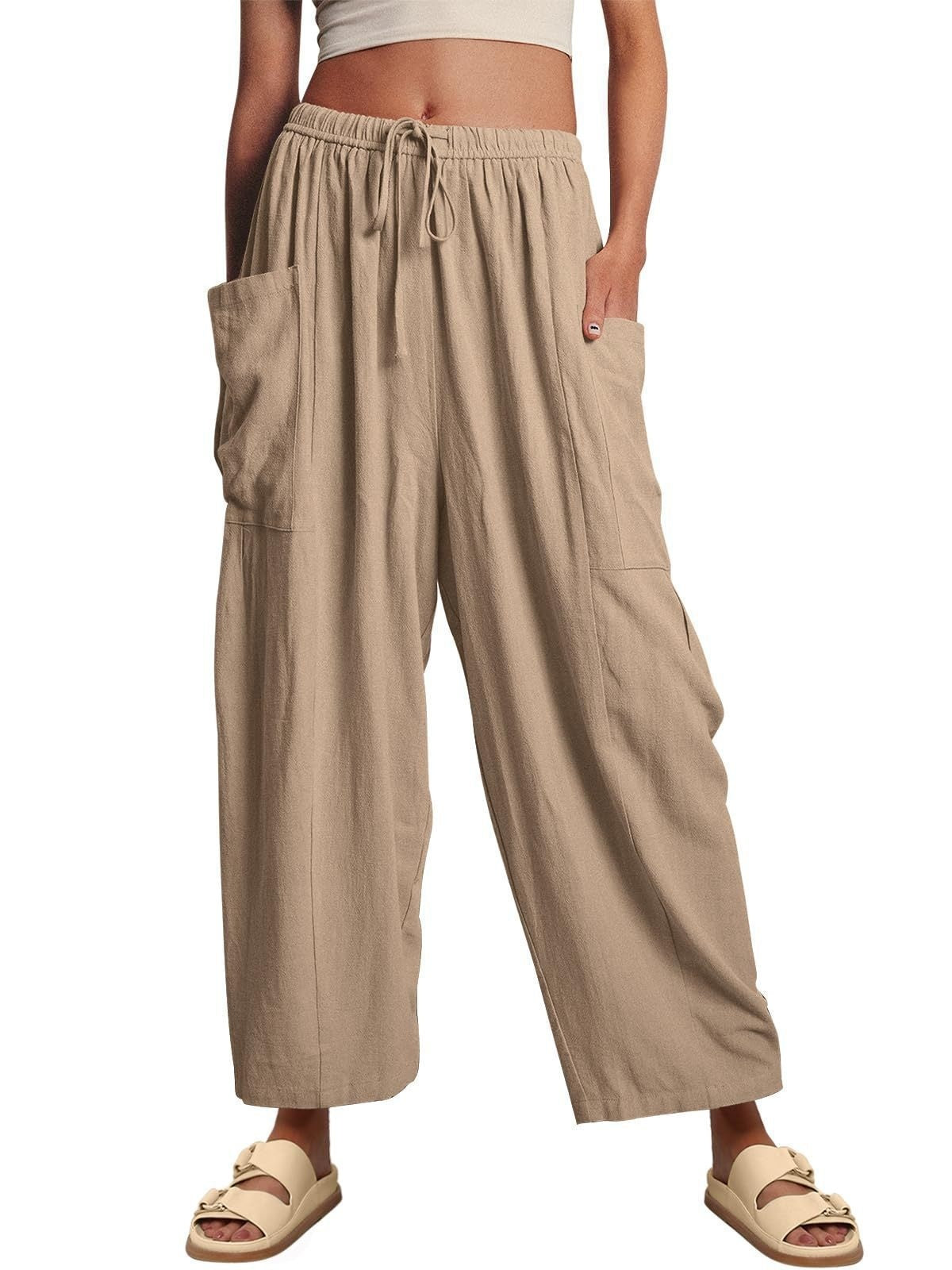 Stretched-waist Pleated High-waisted Wide-leg Loose Casual Cotton And Linen Long Pants - Evans creations LLC
