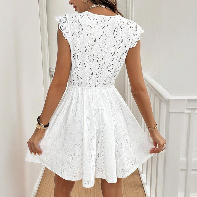 Women's V-Neck Solid Color Short Sleeve Dress With Lace Trim - Summer Sexy Vacation Dress - Evans creations LLC