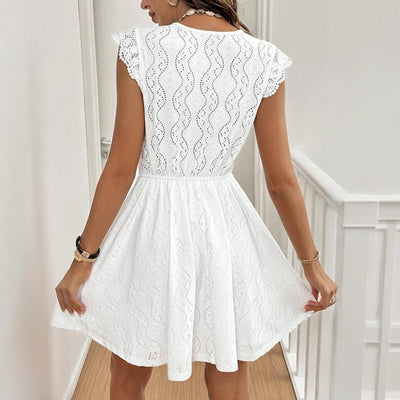 Women's V-Neck Solid Color Short Sleeve Dress With Lace Trim - Summer Sexy Vacation Dress - Evans creations LLC