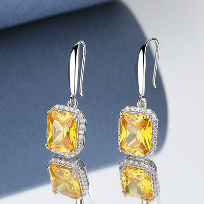 S925 Sterling Silver Princess Square Yellow Diamond Necklace Earrings - Evans creations LLC