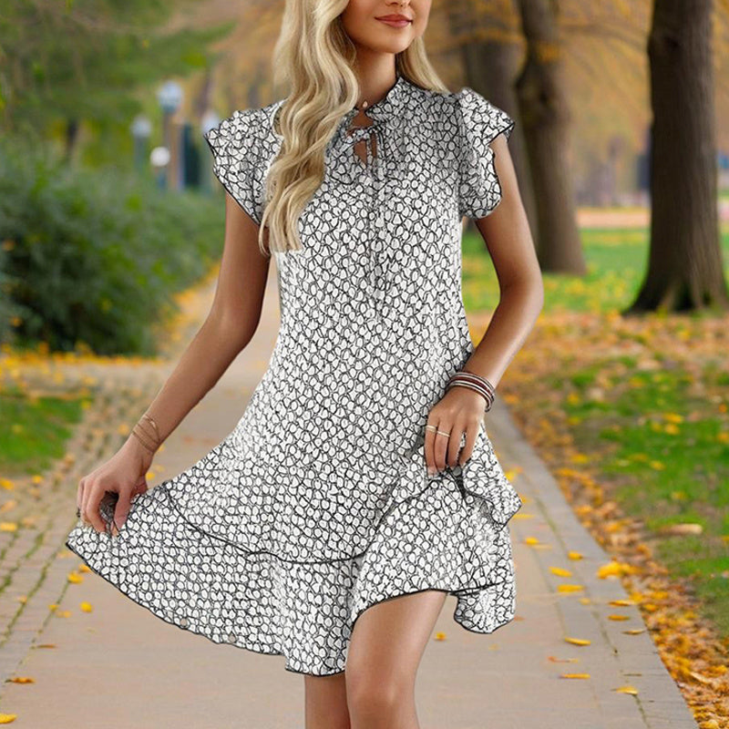 Women's Solid Color Print V-Neck Short Sleeve Dress - Summer Comfort Lace Trim Dress With Tie Detail - Evans creations LLC