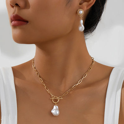 Retro Baroque Pearl Pendant Necklace Ear Stud 2-piece Set - Evans creations LLC