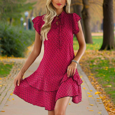 Women's Solid Color Print V-Neck Short Sleeve Dress - Summer Comfort Lace Trim Dress With Tie Detail - Evans creations LLC