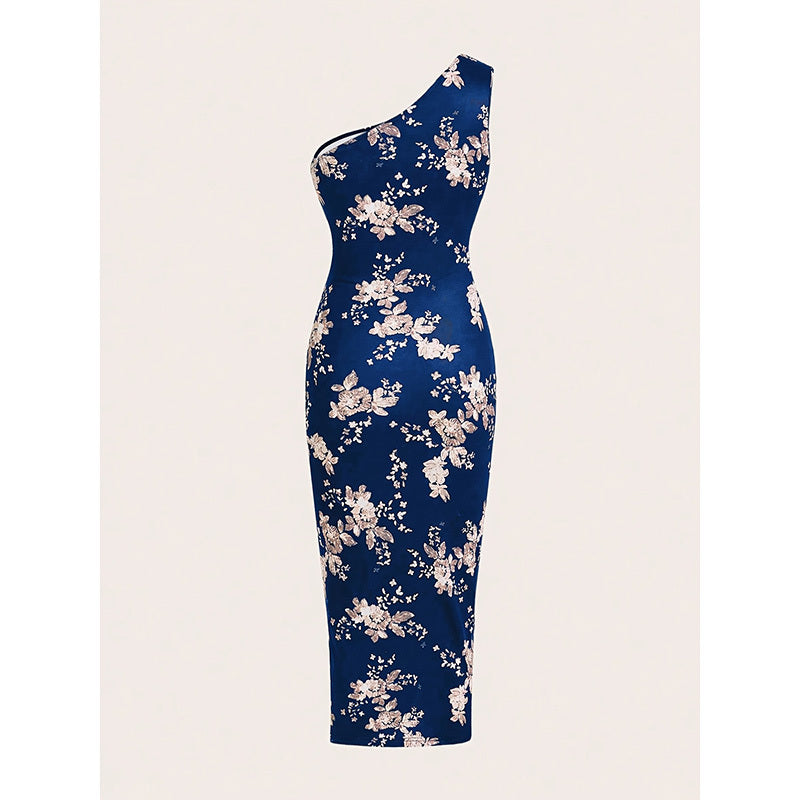 Women's One Shoulder Bodycon Dresses Summer 2025 Ruched High Split Floral Beach Cocktail Wedding Guest Dress - Evans creations LLC