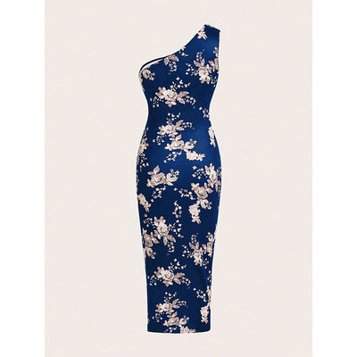 Women's One Shoulder Bodycon Dresses Summer 2025 Ruched High Split Floral Beach Cocktail Wedding Guest Dress - Evans creations LLC