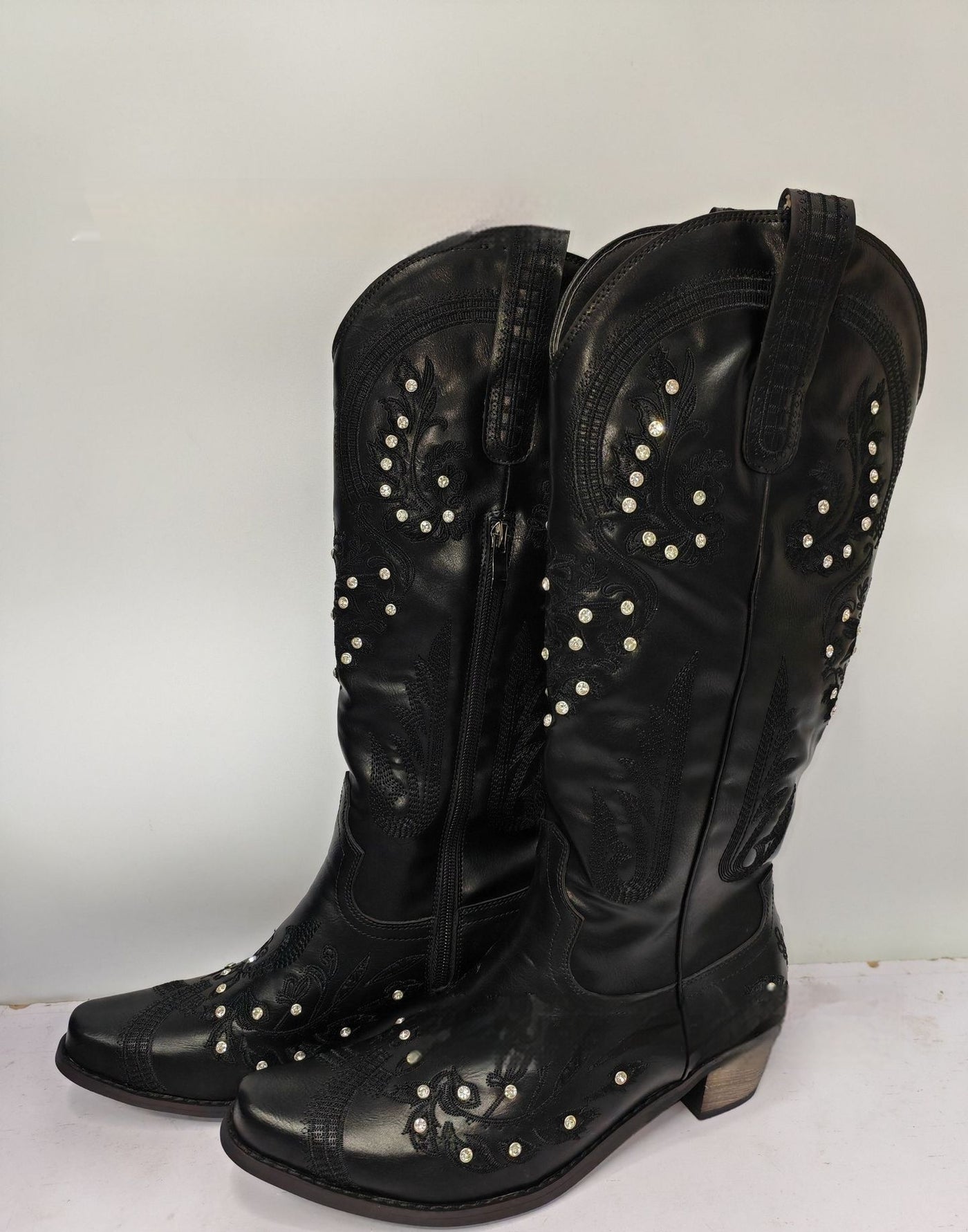 Embroidered Rhinestone Thick High Heel Side Zipper High-top Boots - Evans creations LLC