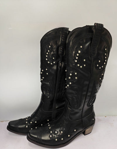 Embroidered Rhinestone Thick High Heel Side Zipper High-top Boots - Evans creations LLC