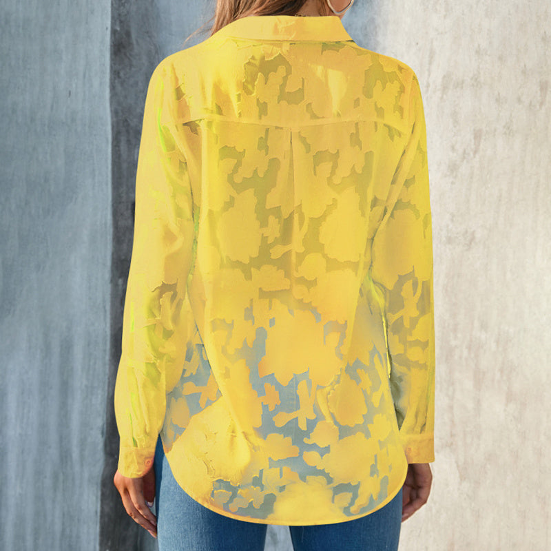 Womens Casual Sheer Button Down Shirts Long Sleeve V Neck Jacquard Blouses Tops - Evans creations LLC