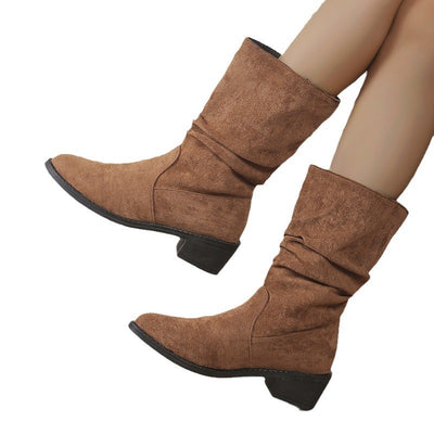 Large Size Thick Heel Pointed Toe Mid-calf Smoke Pipe Boots For Women - Evans creations LLC