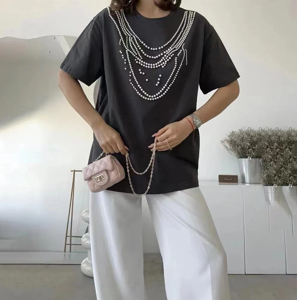Heavy Industry Beads Pearl All-match Slimming And Fashionable Top - Evans creations LLC