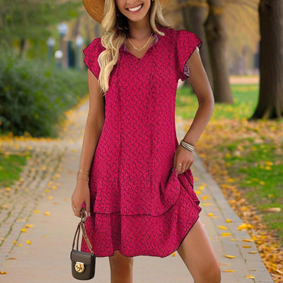 Women's Solid Color Print V-Neck Short Sleeve Dress - Summer Comfort Lace Trim Dress With Tie Detail - Evans creations LLC