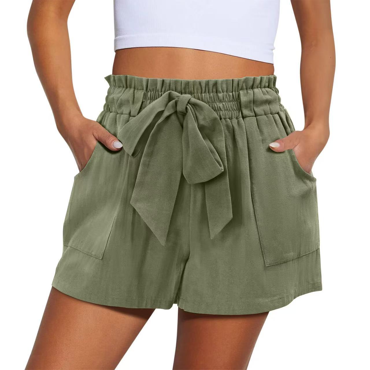 Summer New Elastic Waist Drawstring Knotted Short Solid Color Casual Women - Evans creations LLC