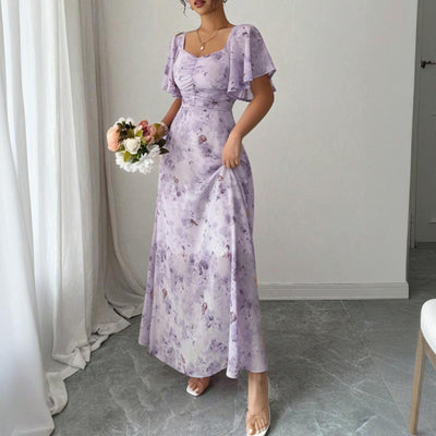 Women's Solid Color Square Neck Short Sleeve Butterfly Print Flowy Dress A-Line Summer Vacation Maxi Dress - Evans creations LLC