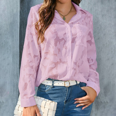 Womens Casual Sheer Button Down Shirts Long Sleeve V Neck Jacquard Blouses Tops - Evans creations LLC