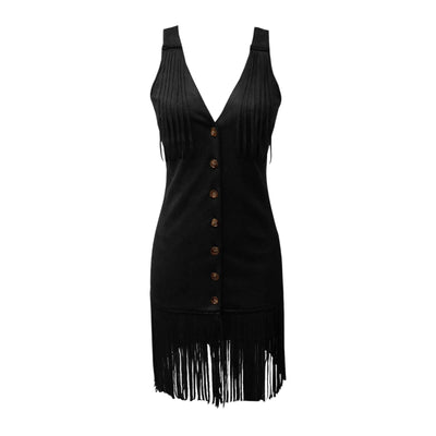 Women's Western Style Vest Dress - V-Neck Button Front Mini Dress With Fringe Detail Summer Wear - Evans creations LLC
