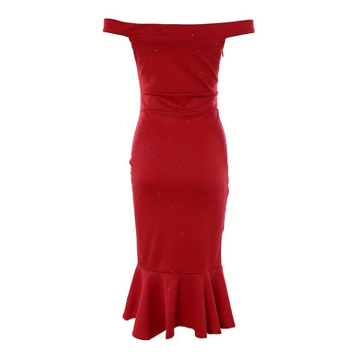 Women's Solid Color Ruffled High-Slit Bodycon Dress Sparkling Off-Shoulder Party Dress For Summer - Evans creations LLC