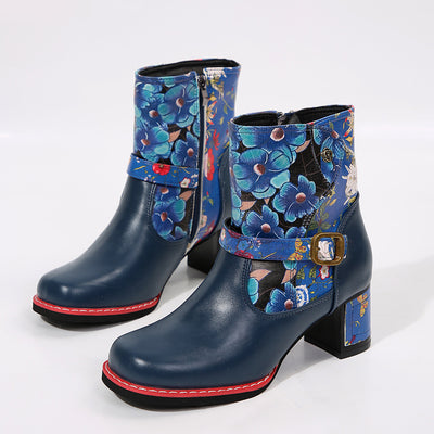 Women's Printed Stitching Round Head Thick Bottom Bootie - Evans creations LLC