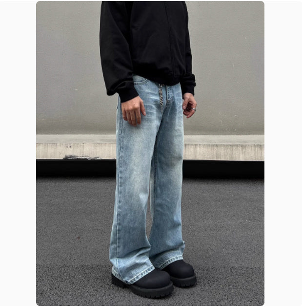 Men's Retro Whisker Washed Blue Straight Jeans - Evans creations LLC