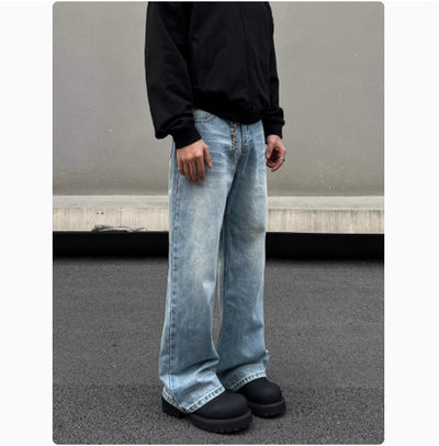Men's Retro Whisker Washed Blue Straight Jeans - Evans creations LLC