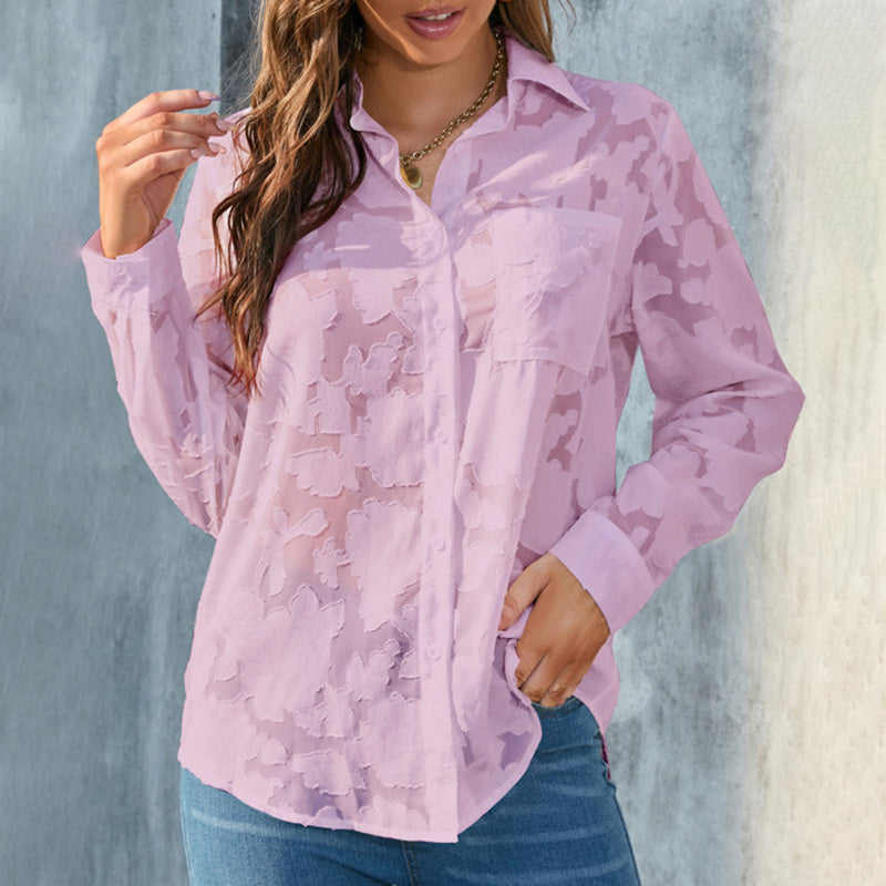 Womens Casual Sheer Button Down Shirts Long Sleeve V Neck Jacquard Blouses Tops - Evans creations LLC