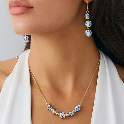 Blue And White Porcelain Round Beads Tassel Necklace Simple All-match Flower Earrings - Evans creations LLC