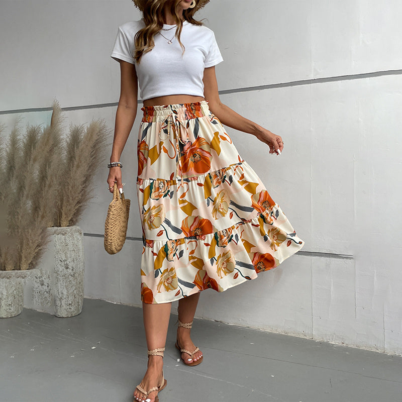 Women's Floral Tiered Midi Skirt Elastic Waist Dressy Casual A-line Flowy Boho Skirts - Evans creations LLC