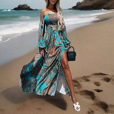 Women's Strapless Off-Shoulder Long Sleeve A-Line Dress - Bohemian Beach Maxi Dress With High Slit For Summer Vacation - Evans creations LLC