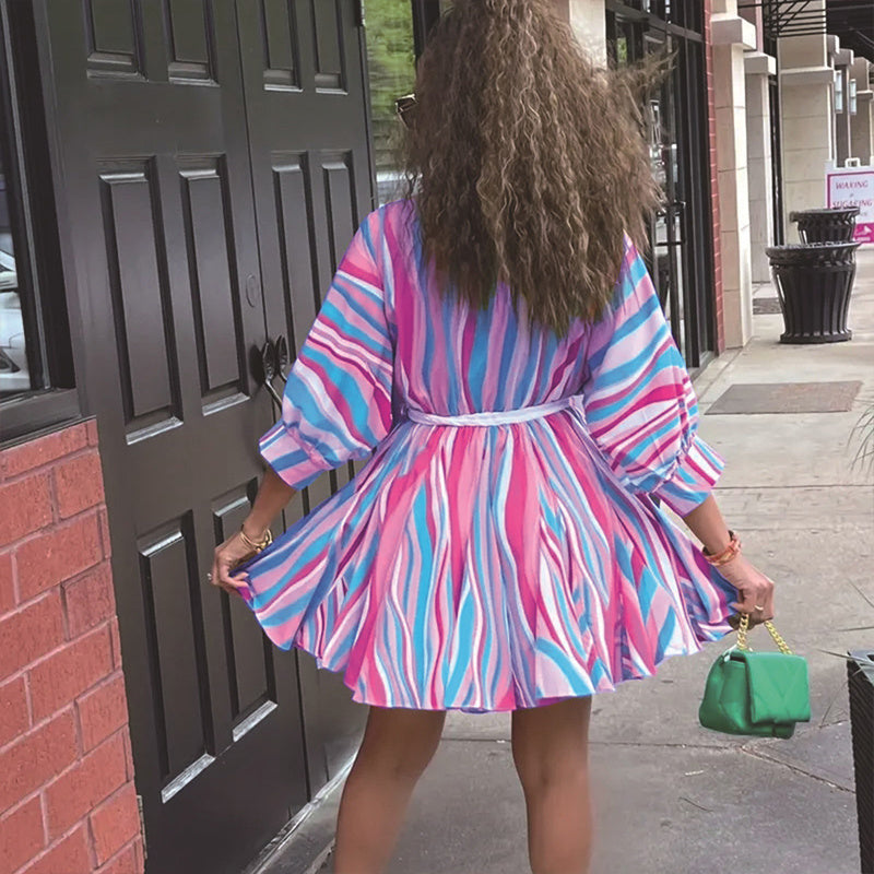 Women's V-Neck Rainbow Stripe Short Dress Three Quarters Sleeve Casual Summer Sundress With Tie Waist - Evans creations LLC